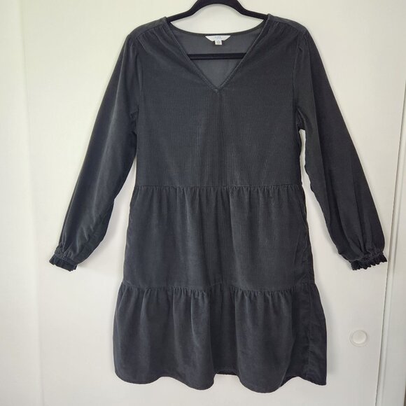 Time And Tru Black Corduroy Long Sleeve Tiered Ruffled Knee Length Dress Small - Picture 1 of 8